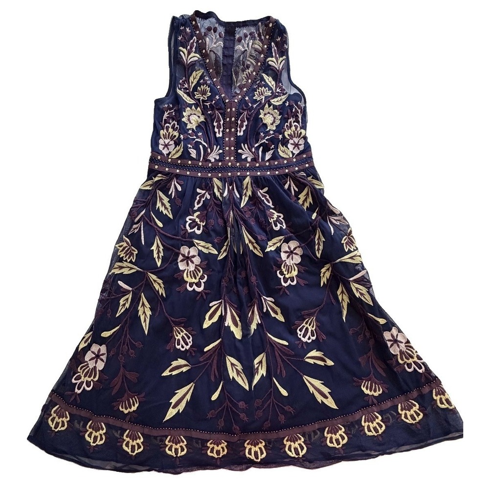 Anthropologie Moulinette Soeurs Alicante Embroidered Tulle Navy Midi Dress Sz 6 - Picture 6 of 16